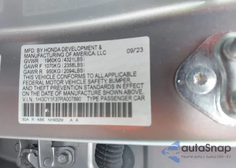 2024 Honda Accord Ex z USA, uszkodzony, nr VIN 1HGCY1F37RA007890
